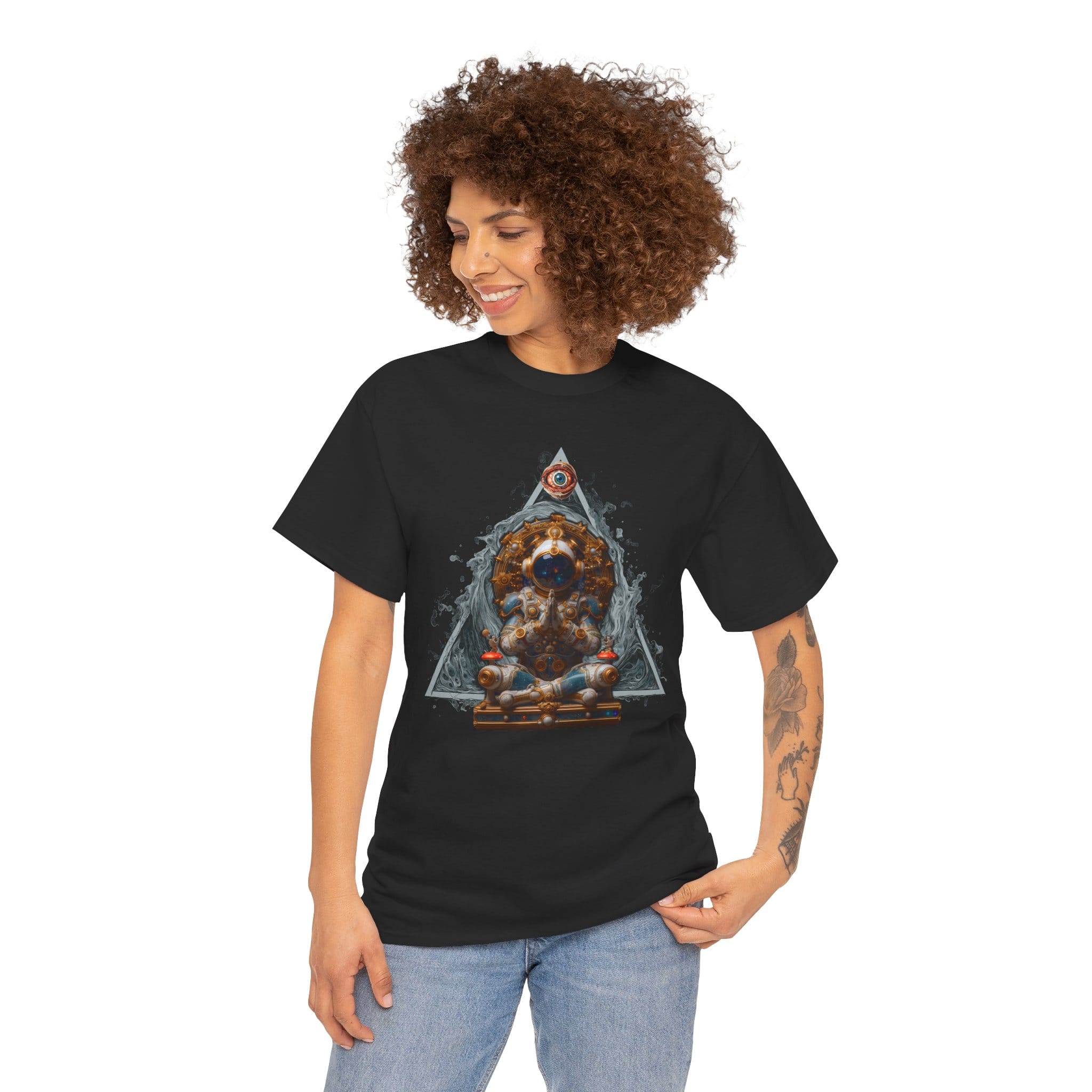 Custom-designed t-shirt featuring an astronaut floating with the Wheel of Time, All-Seeing Eye, and a triangle representing the universe.