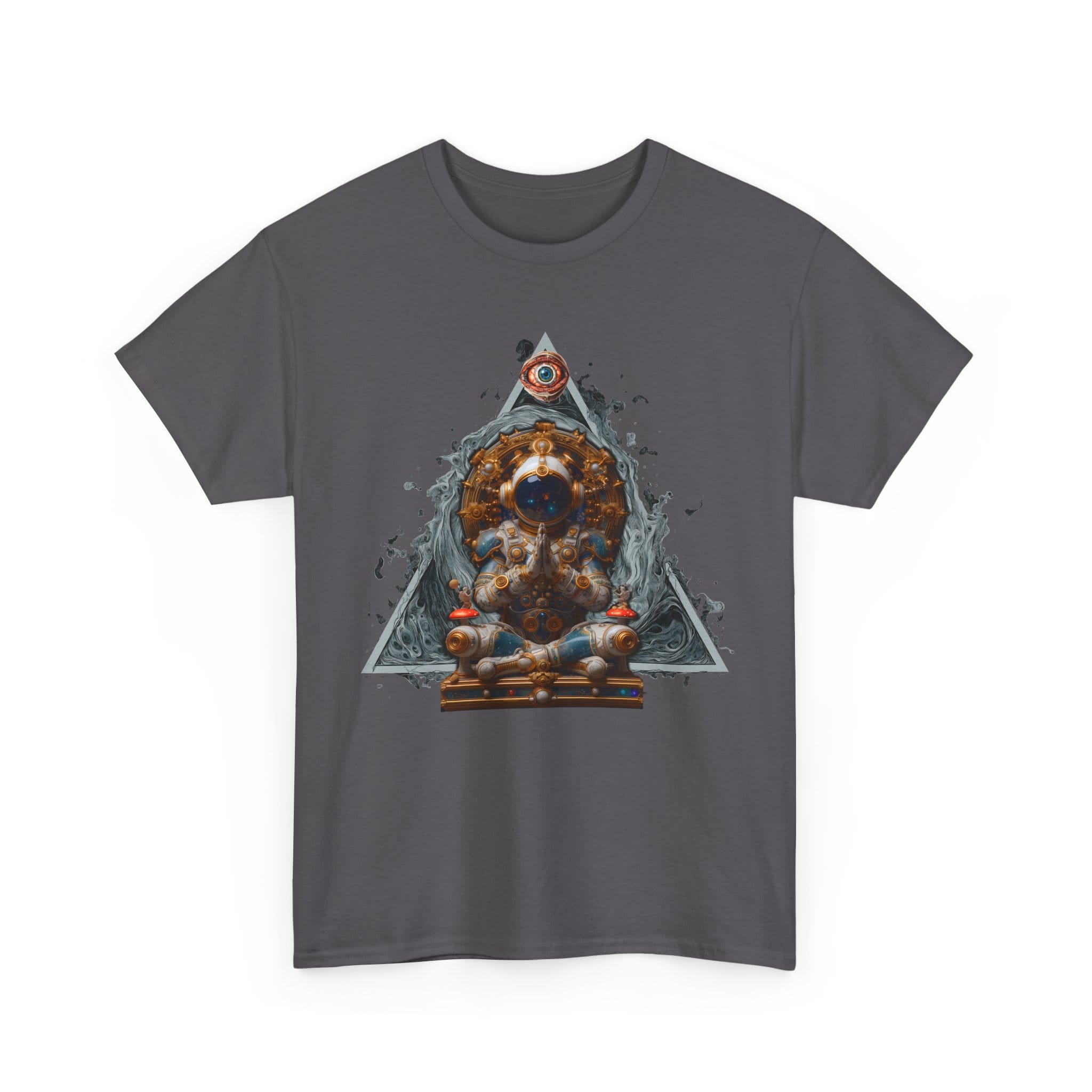 Custom-designed t-shirt featuring an astronaut floating with the Wheel of Time, All-Seeing Eye, and a triangle representing the universe.