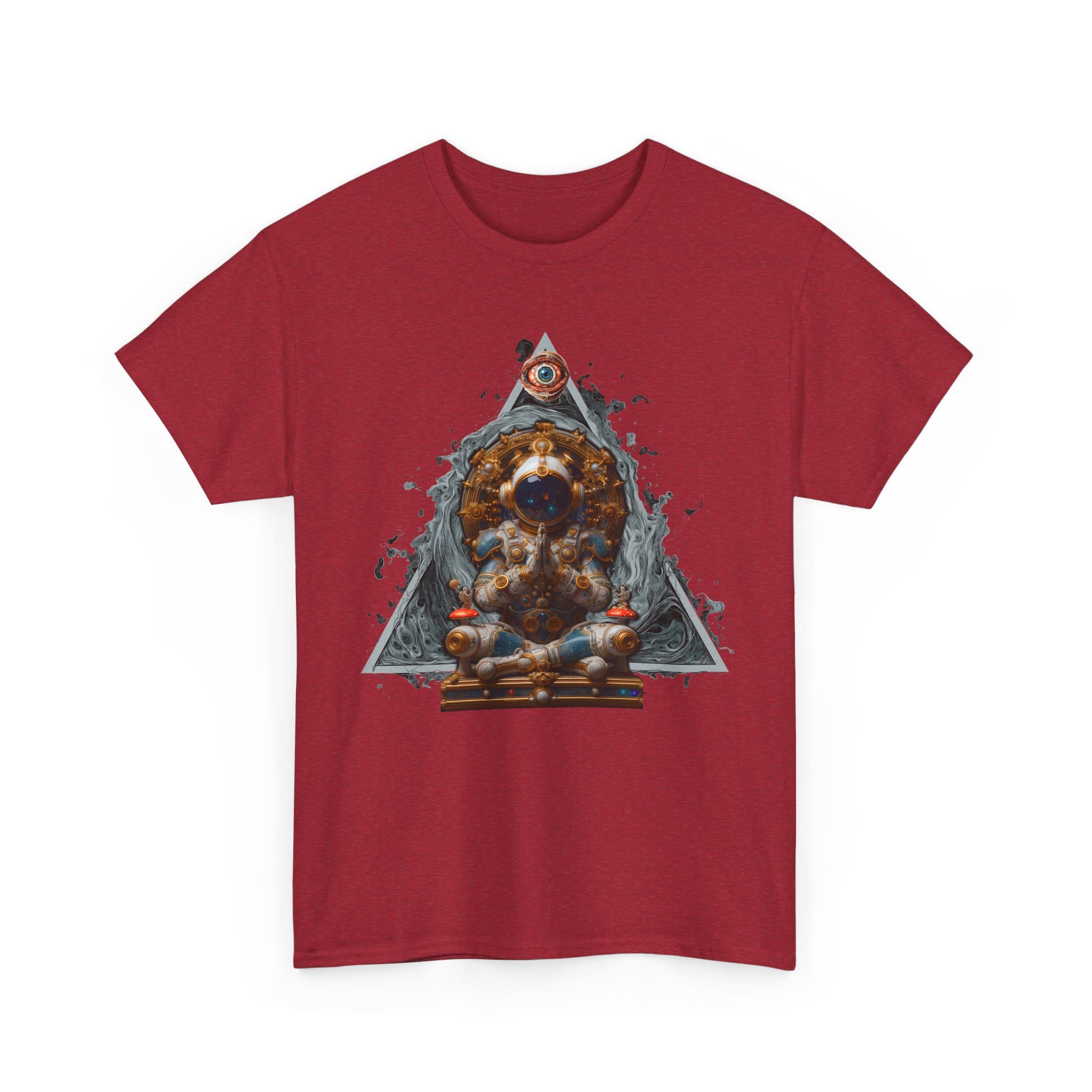 Custom-designed t-shirt featuring an astronaut floating with the Wheel of Time, All-Seeing Eye, and a triangle representing the universe.