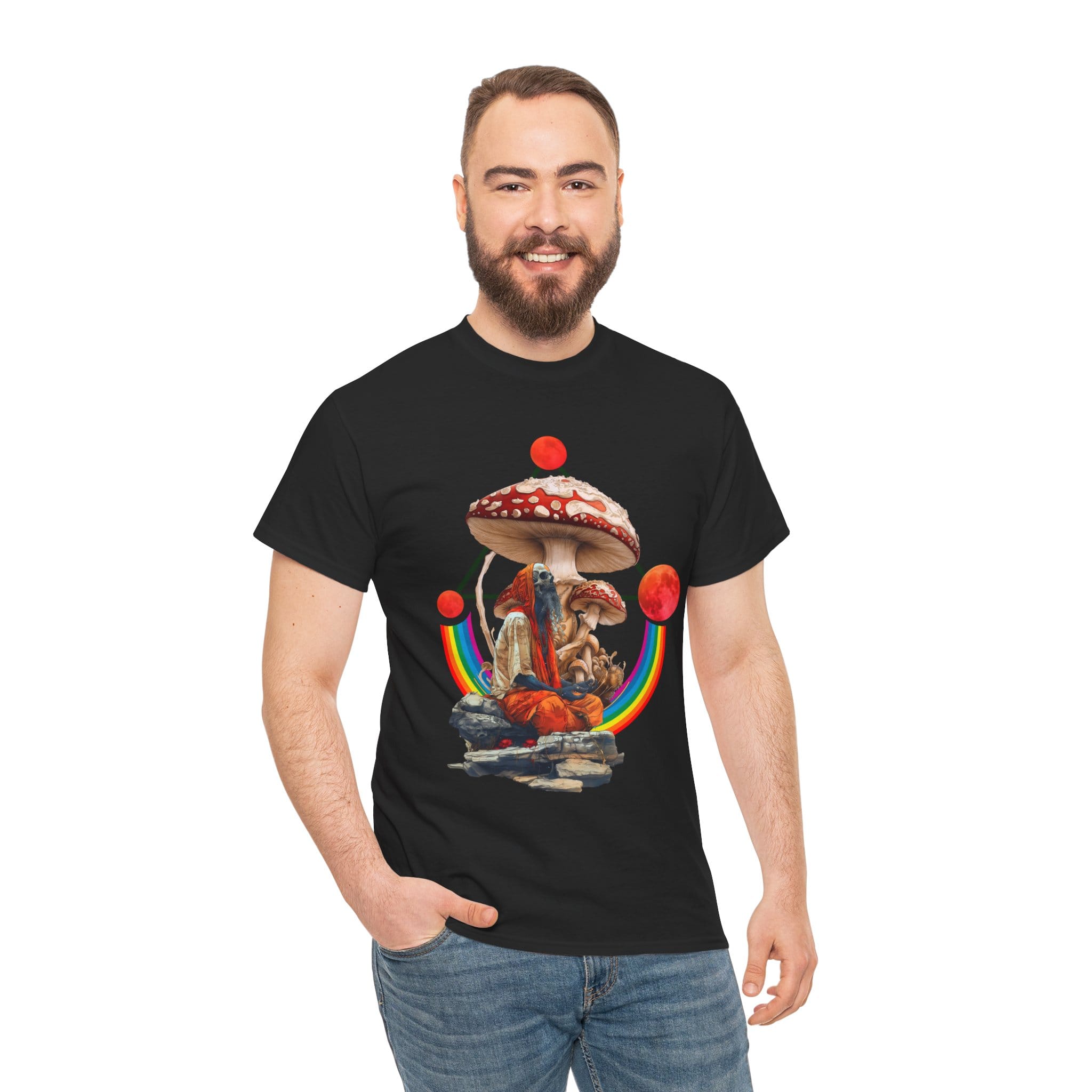 Custom-designed t-shirt featuring a dead psychonaut dissolving into rainbows, psychedelic mushrooms, and sacred geometry.