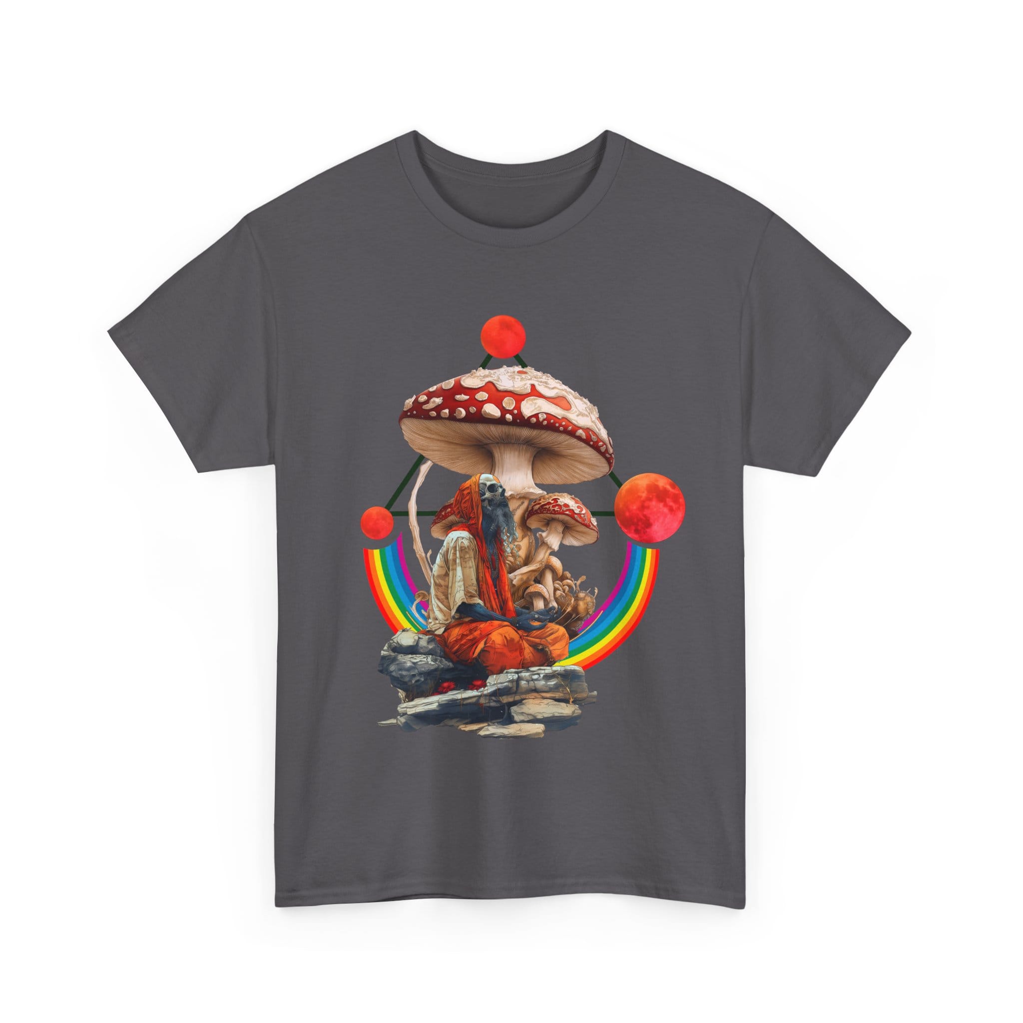 Custom-designed t-shirt featuring a dead psychonaut dissolving into rainbows, psychedelic mushrooms, and sacred geometry.