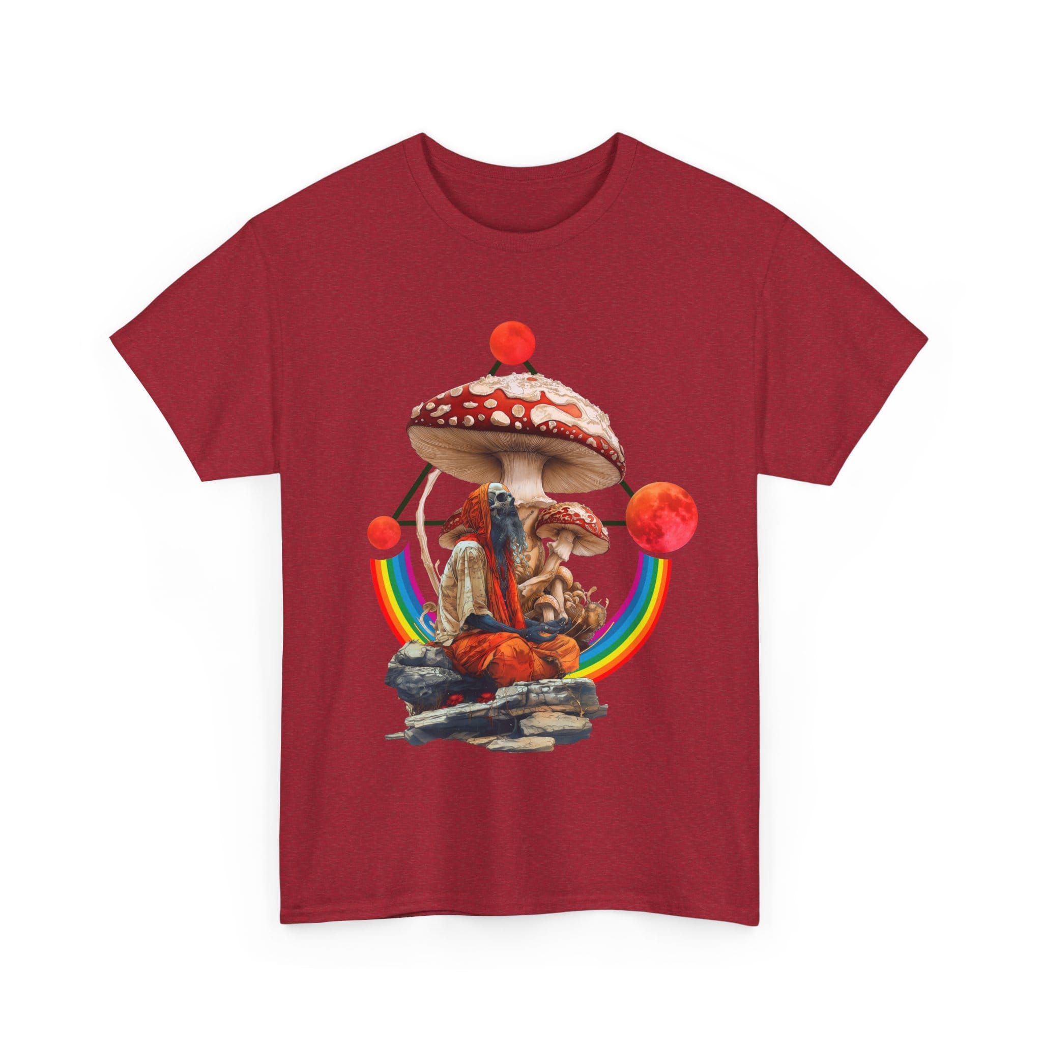 Custom-designed t-shirt featuring a dead psychonaut dissolving into rainbows, psychedelic mushrooms, and sacred geometry.