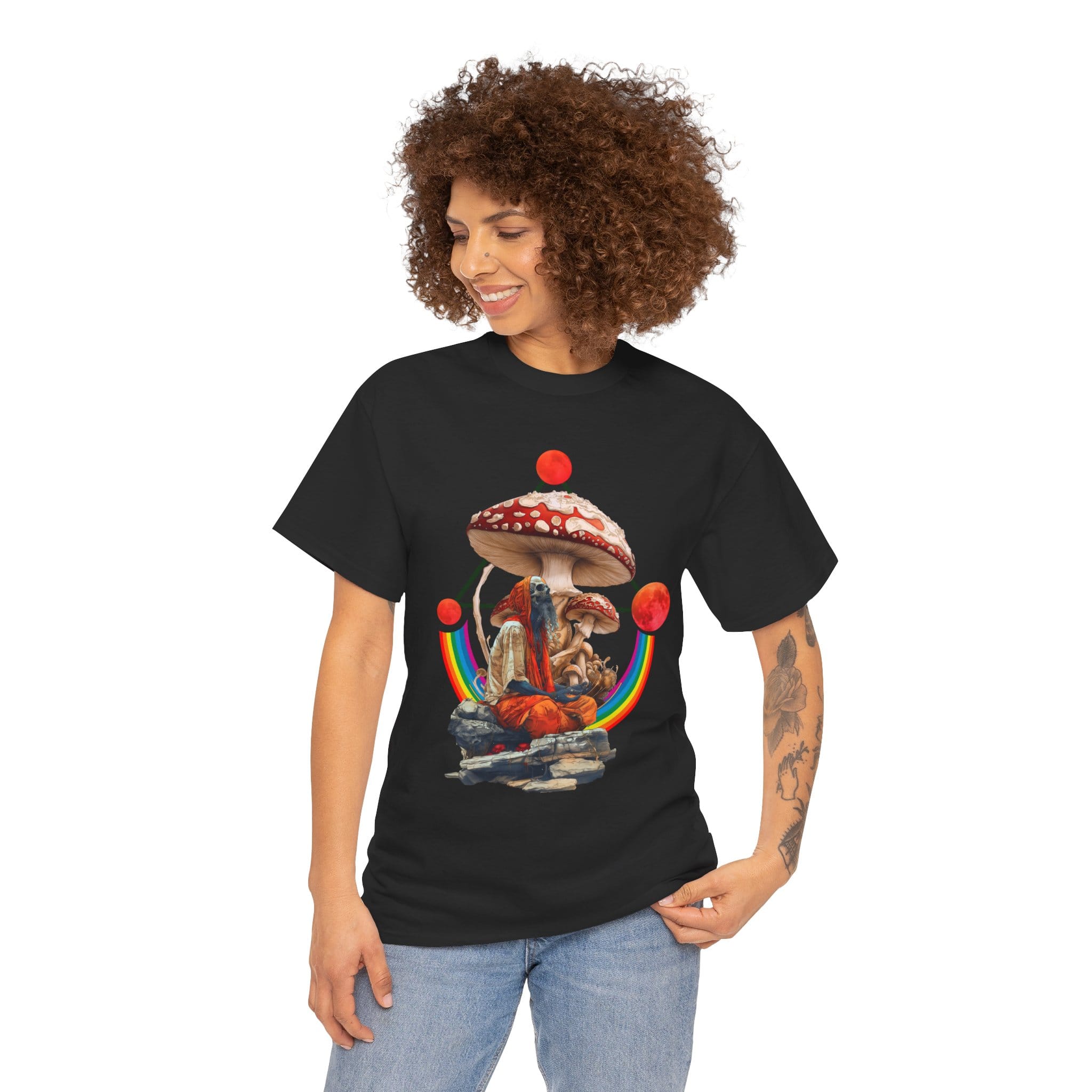 Custom-designed t-shirt featuring a dead psychonaut dissolving into rainbows, psychedelic mushrooms, and sacred geometry.