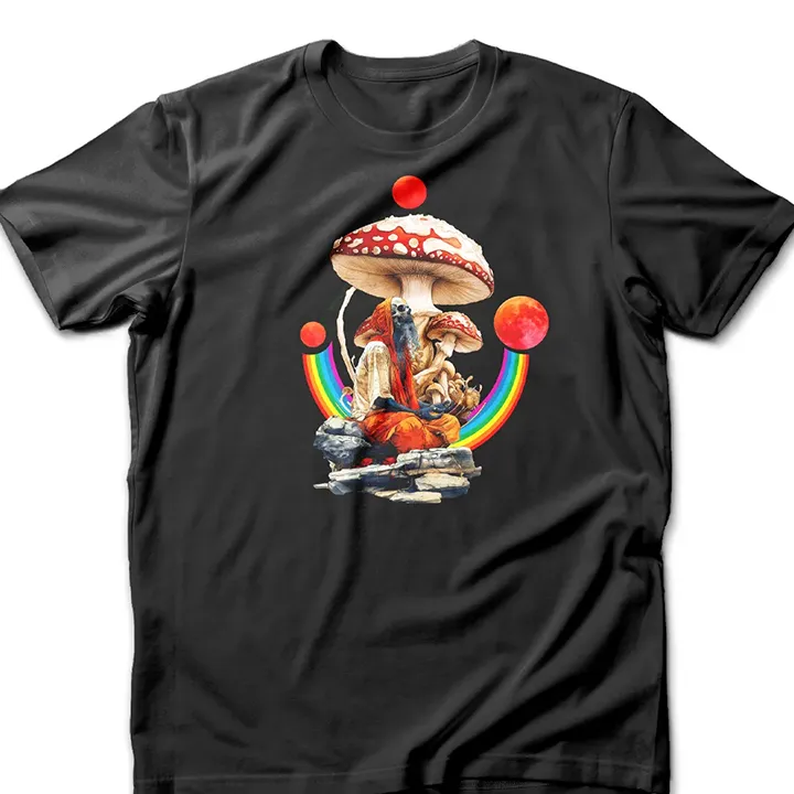 Custom-designed t-shirt featuring a dead psychonaut dissolving into rainbows, psychedelic mushrooms, and sacred geometry.