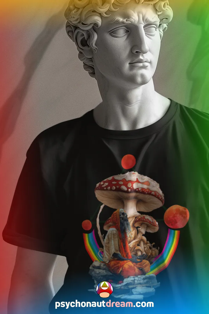 Custom-designed t-shirt featuring a dead psychonaut dissolving into rainbows, psychedelic mushrooms, and sacred geometry.