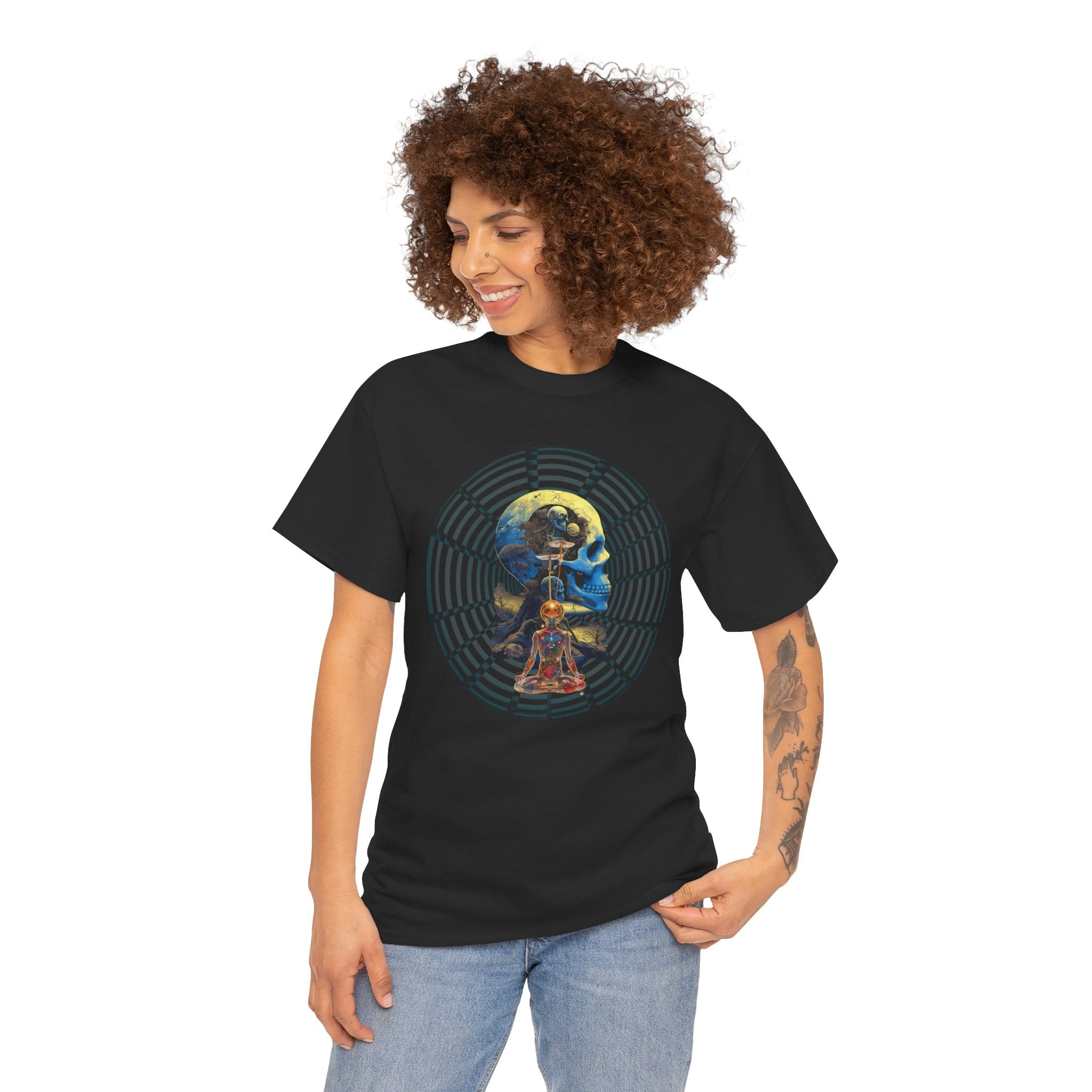 Custom-designed t-shirt featuring psychedelic fractals, sacred geometry, and radiant enlightenment patterns representing ego death.