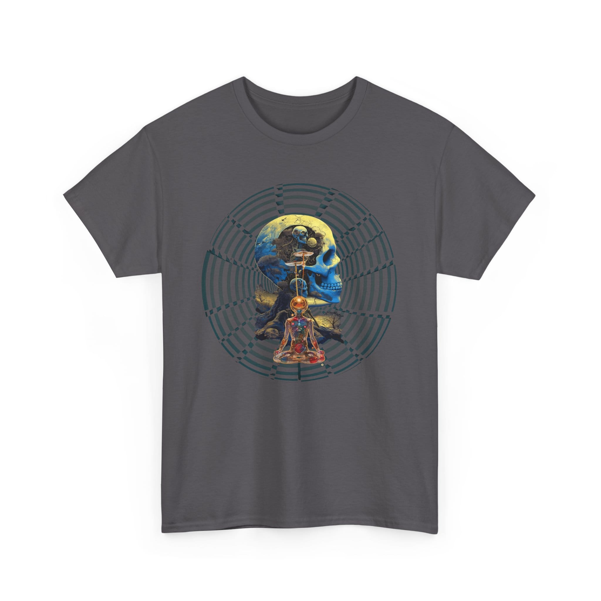 Custom-designed t-shirt featuring psychedelic fractals, sacred geometry, and radiant enlightenment patterns representing ego death.