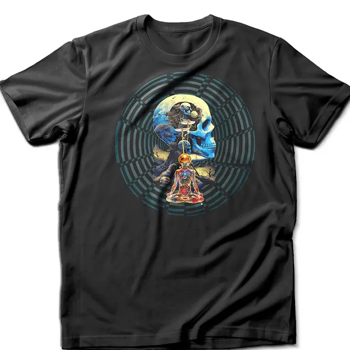 Custom-designed t-shirt featuring psychedelic fractals, sacred geometry, and radiant enlightenment patterns representing ego death.