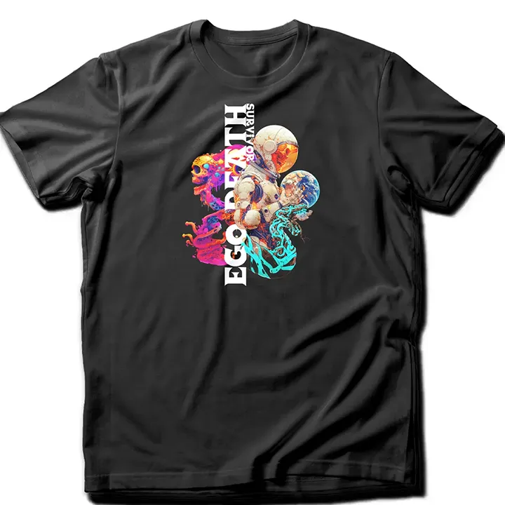 Custom-designed t-shirt featuring a psychonaut figure emerging from fractal dissolution with sacred geometry, mushrooms, and cosmic patterns.