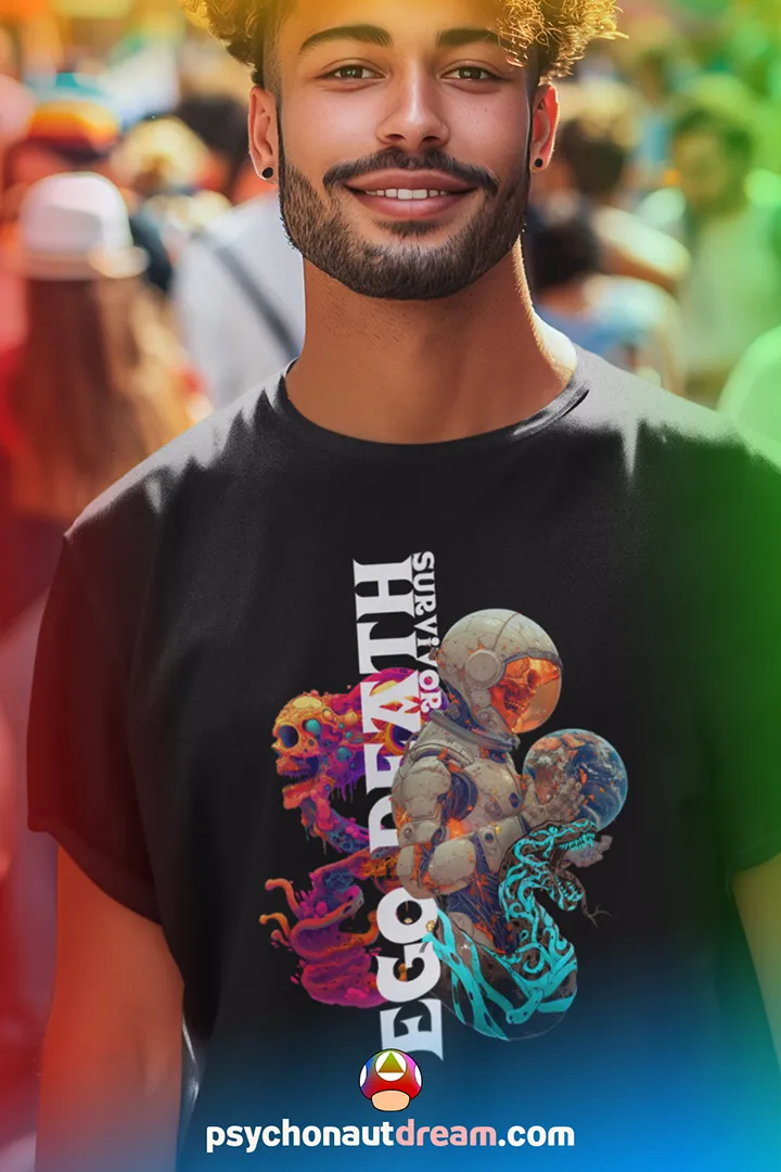 Custom-designed t-shirt featuring a psychonaut figure emerging from fractal dissolution with sacred geometry, mushrooms, and cosmic patterns.