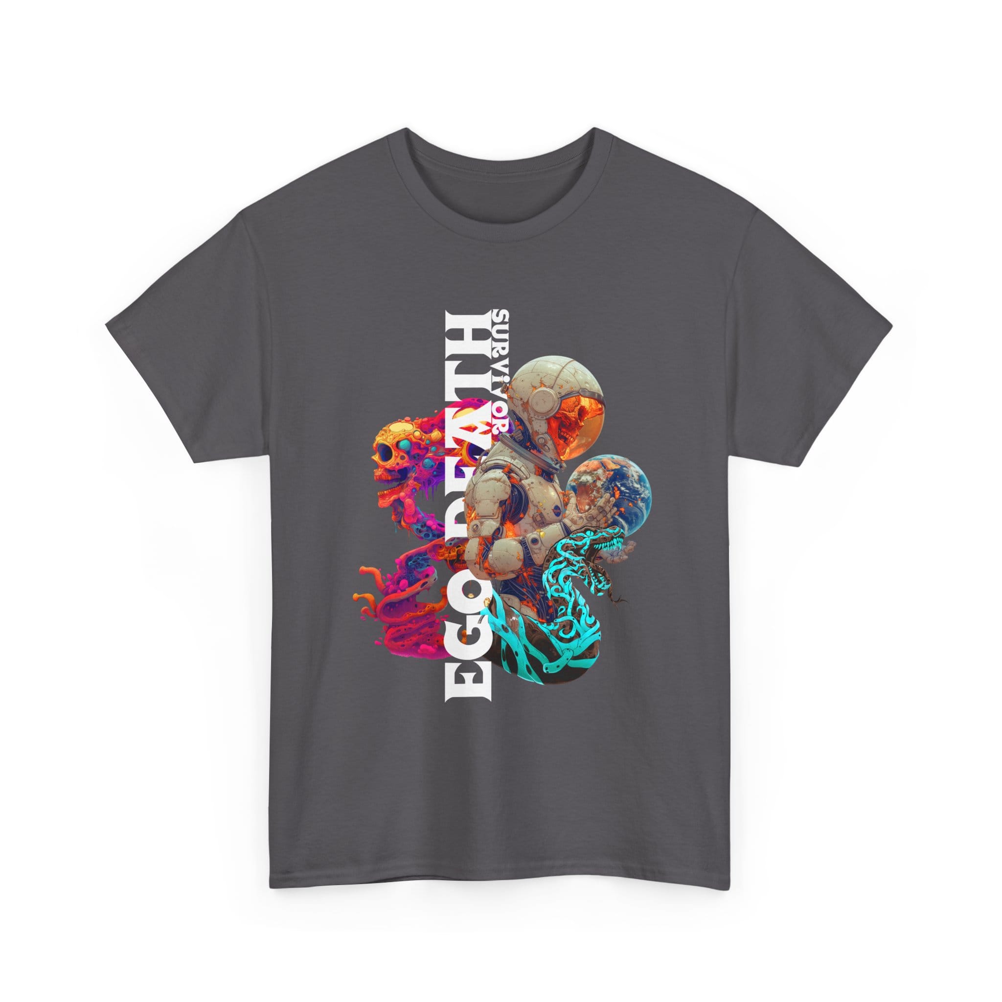 Custom-designed t-shirt featuring a psychonaut figure emerging from fractal dissolution with sacred geometry, mushrooms, and cosmic patterns.