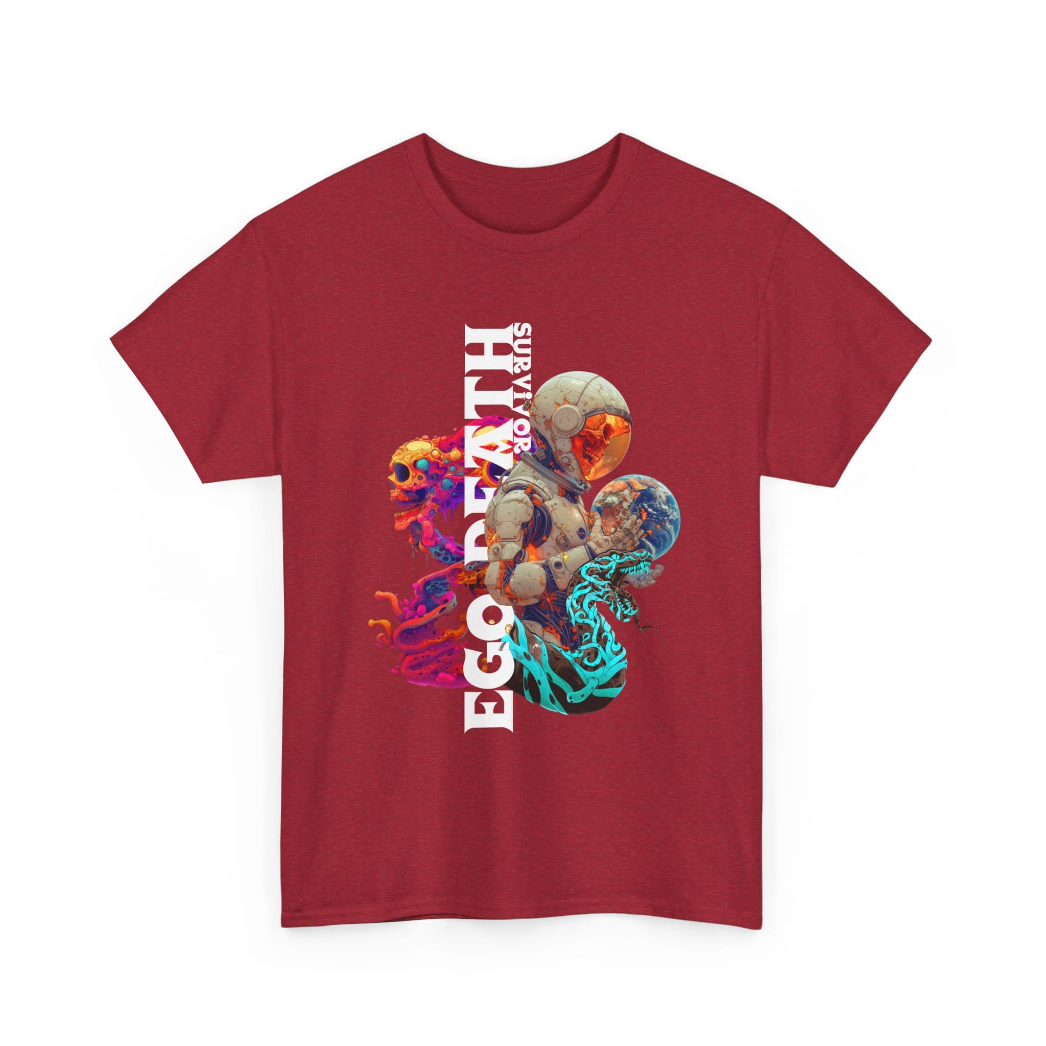 Custom-designed t-shirt featuring a psychonaut figure emerging from fractal dissolution with sacred geometry, mushrooms, and cosmic patterns.