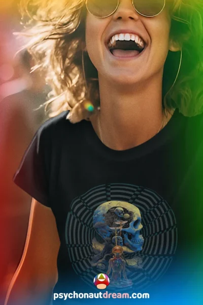 Custom-designed t-shirt featuring psychedelic fractals, sacred geometry, and radiant enlightenment patterns representing ego death.