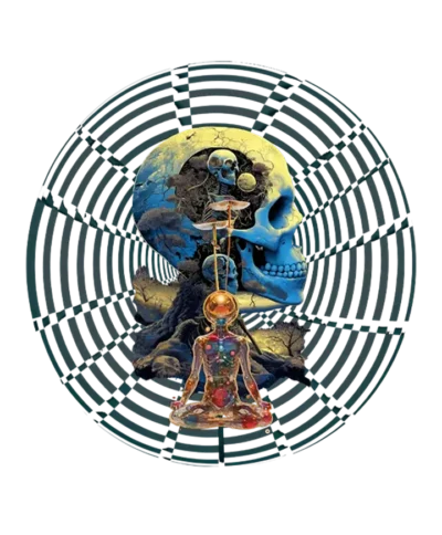 Custom-designed t-shirt featuring psychedelic fractals, sacred geometry, and radiant enlightenment patterns representing ego death.