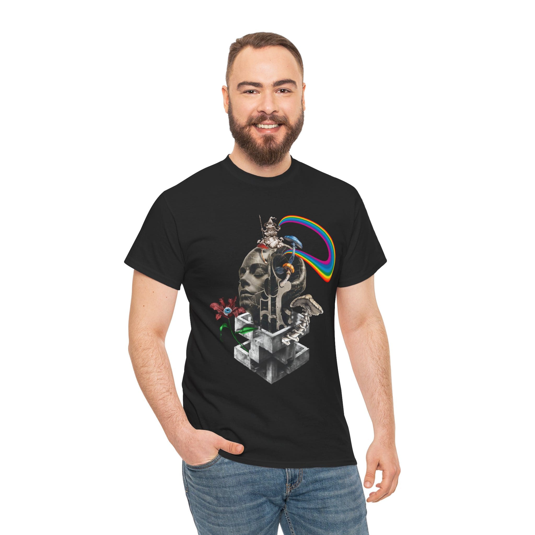 Custom-designed t-shirt featuring a mind unraveling into psychedelic fractals and sacred geometry, symbolizing consciousness exploration through psychedelics.