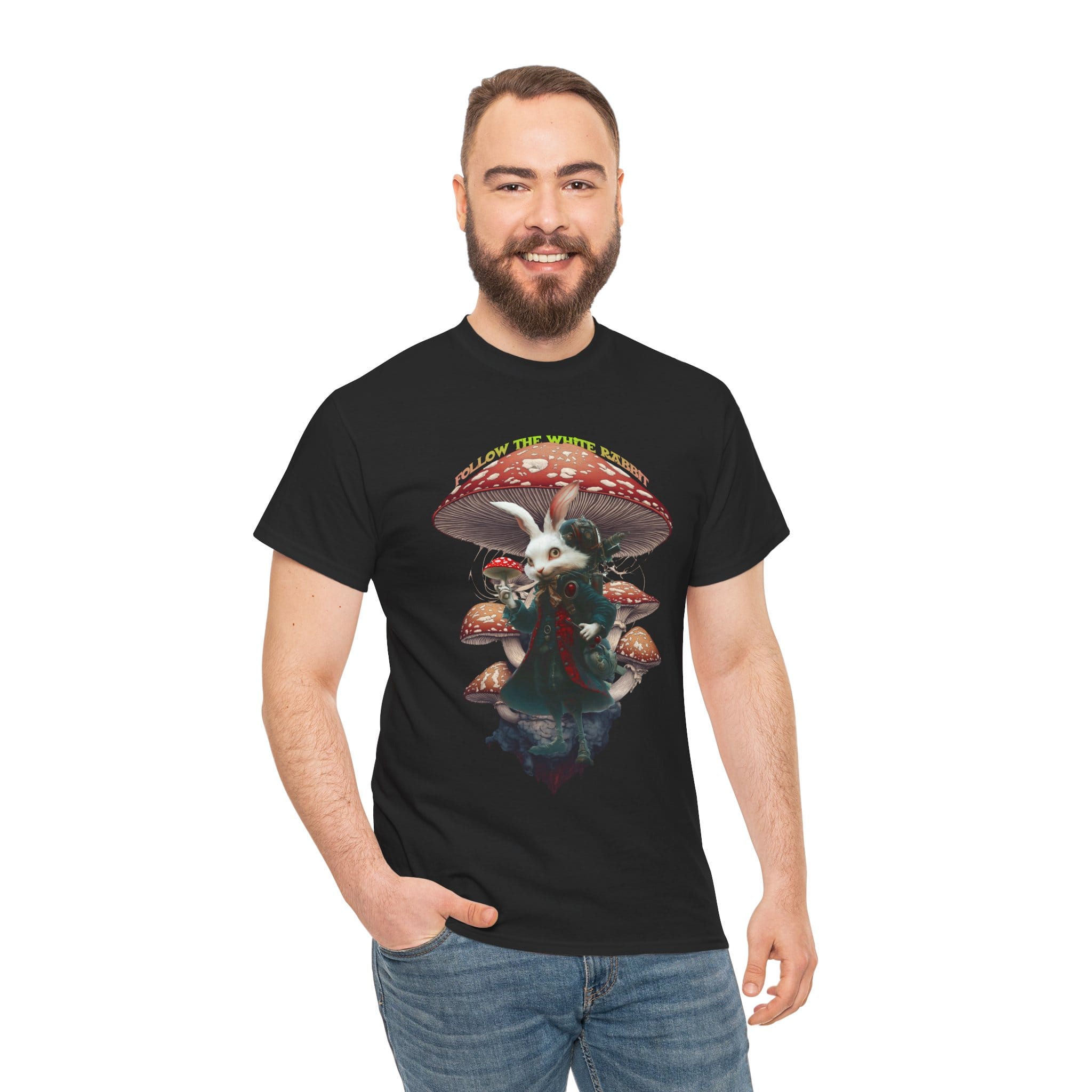 Custom-designed t-shirt featuring a mystical white rabbit with psychedelic fractals and sacred geometry in vivid colors.