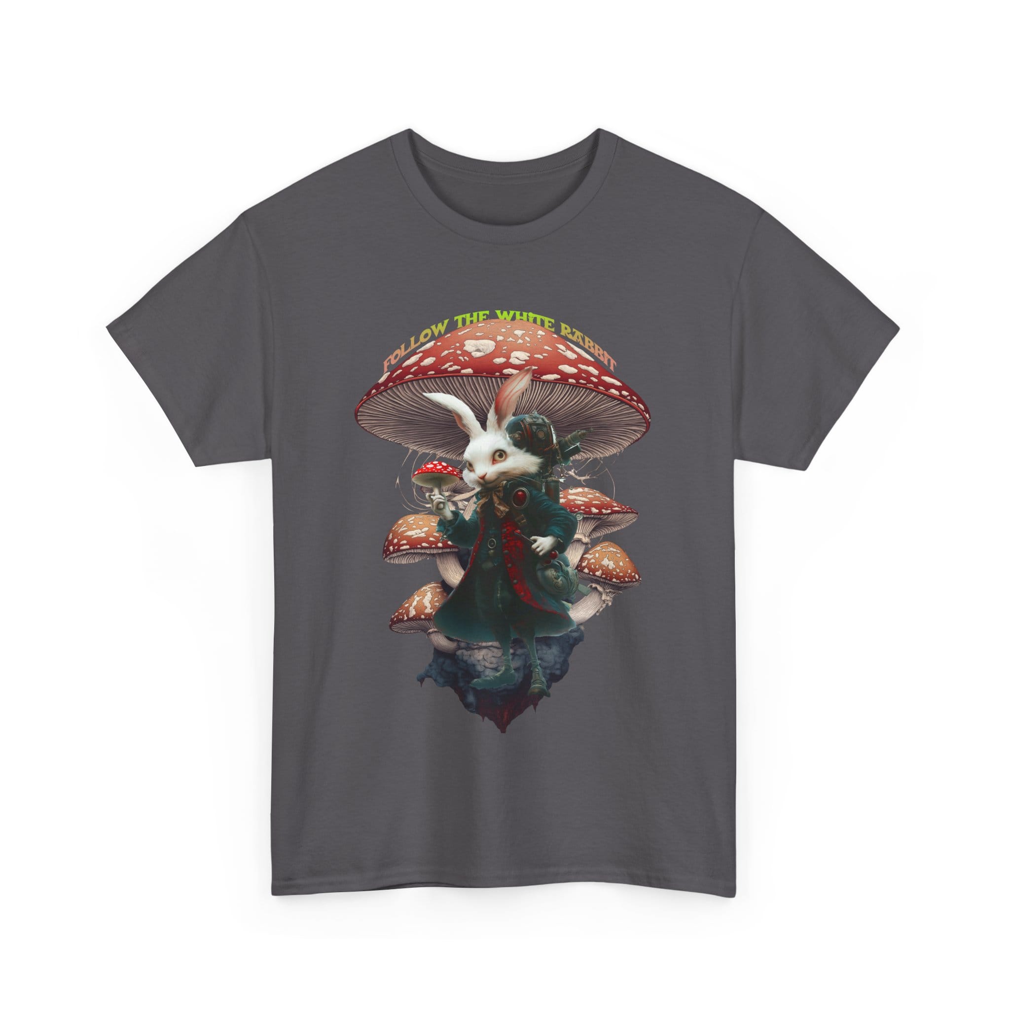Custom-designed t-shirt featuring a mystical white rabbit with psychedelic fractals and sacred geometry in vivid colors.