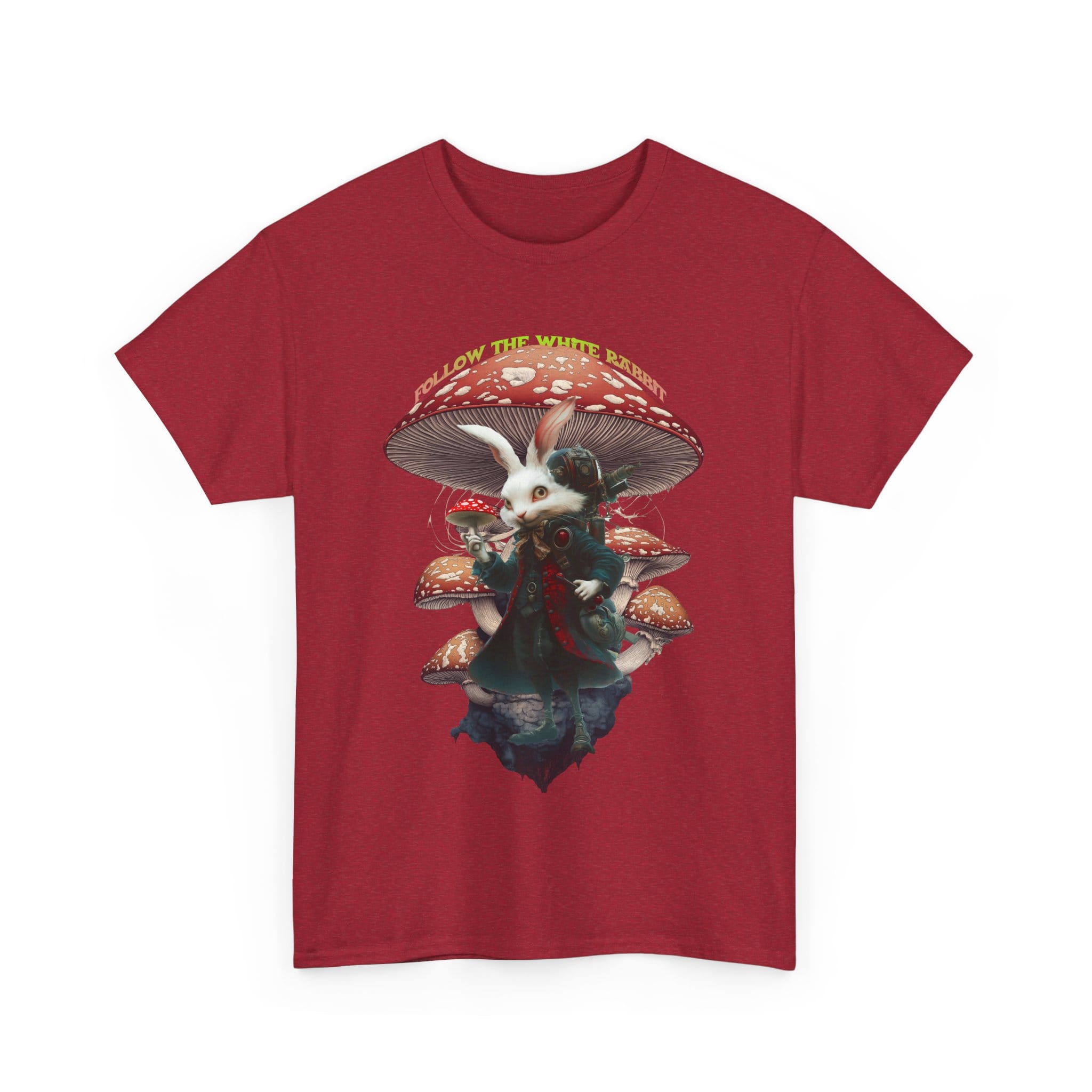 Custom-designed t-shirt featuring a mystical white rabbit with psychedelic fractals and sacred geometry in vivid colors.