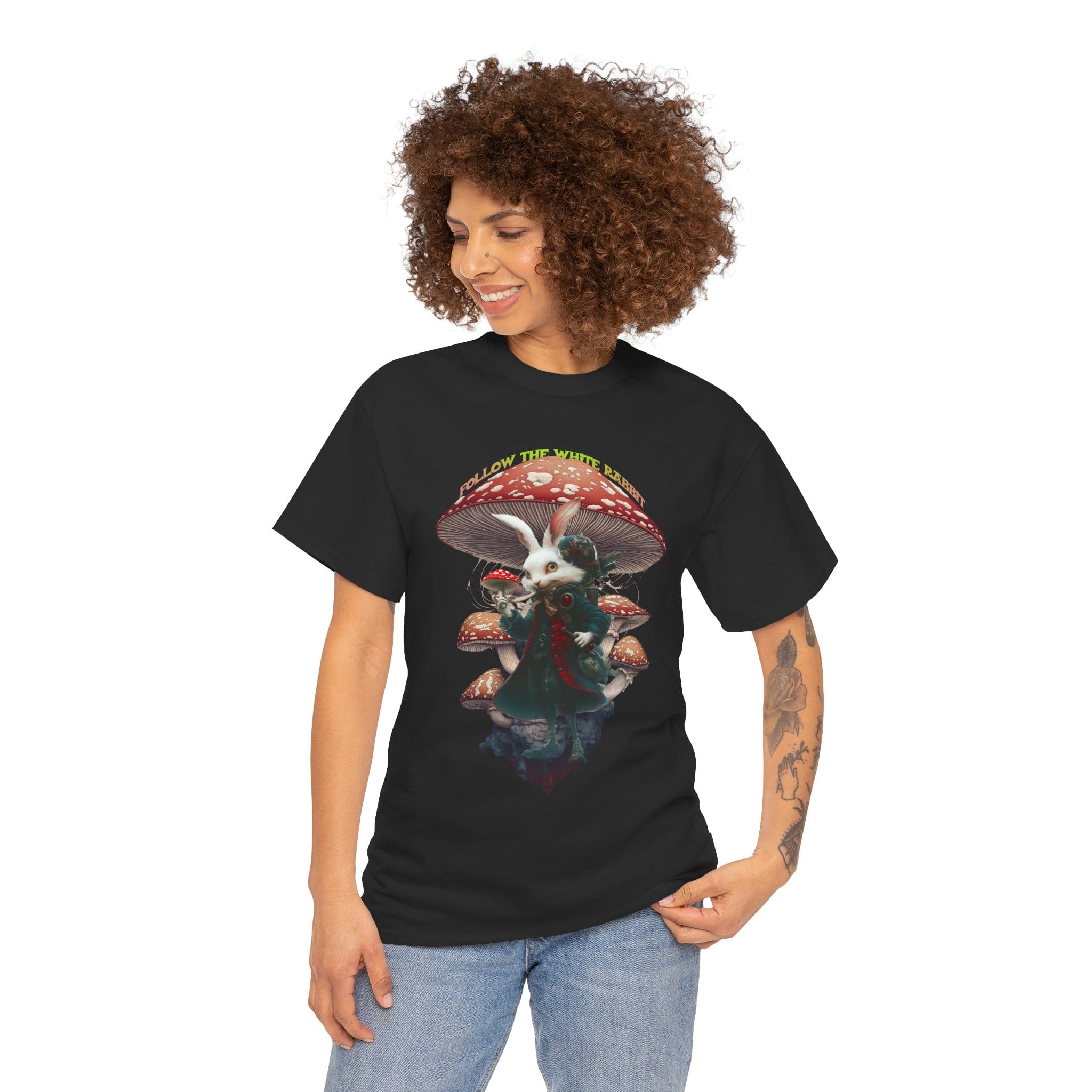 Custom-designed t-shirt featuring a mystical white rabbit with psychedelic fractals and sacred geometry in vivid colors.