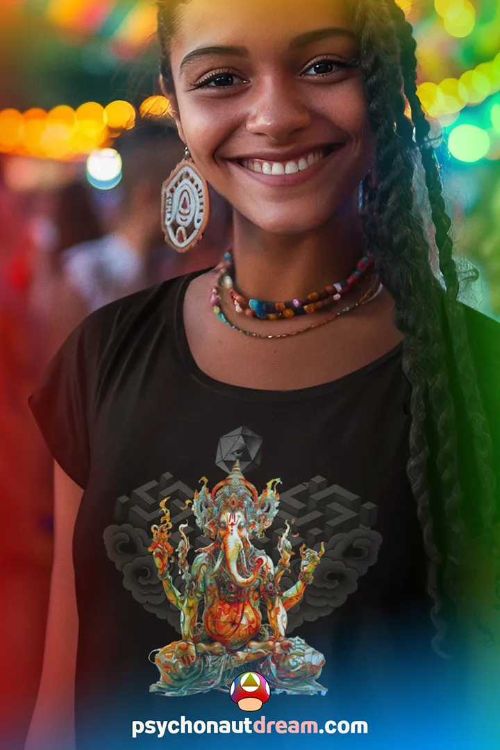 Custom-designed t-shirt featuring Ganesh as a psychonaut surrounded by sacred geometry, fractals, and cosmic patterns.