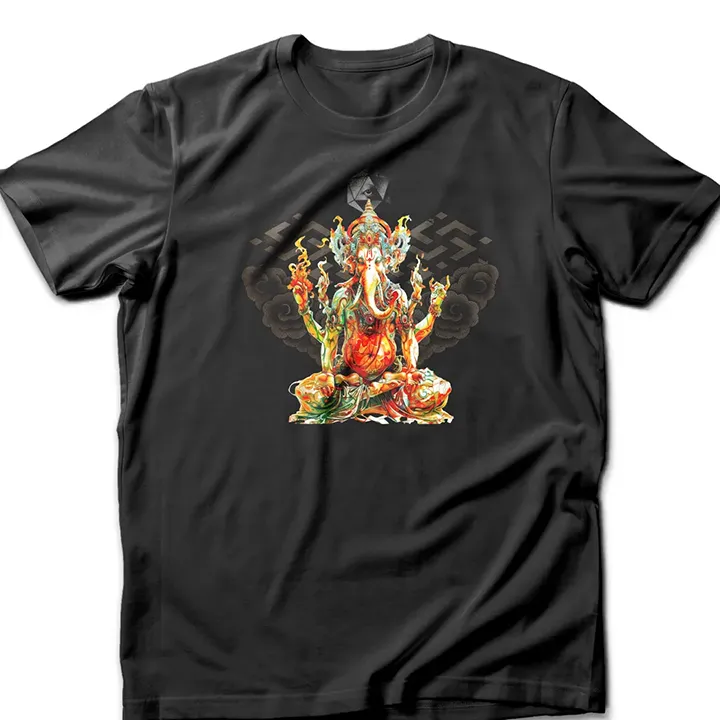 Custom-designed t-shirt featuring Ganesh as a psychonaut surrounded by sacred geometry, fractals, and cosmic patterns.