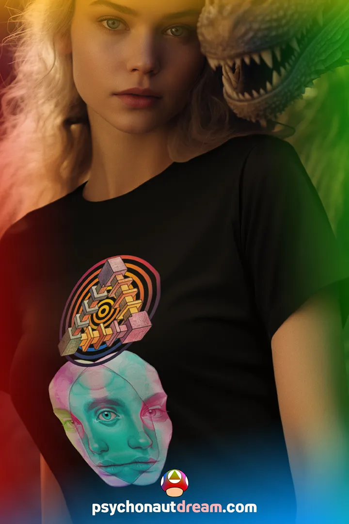 One-of-a-kind psychedelic t-shirt featuring a glitchy duality figure with sacred geometry and an All-Seeing Eye symbolizing monism and cosmic awareness.
