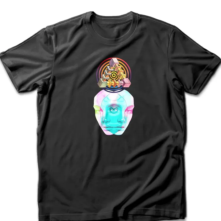 One-of-a-kind psychedelic t-shirt featuring a glitchy duality figure with sacred geometry and an All-Seeing Eye symbolizing monism and cosmic awareness.