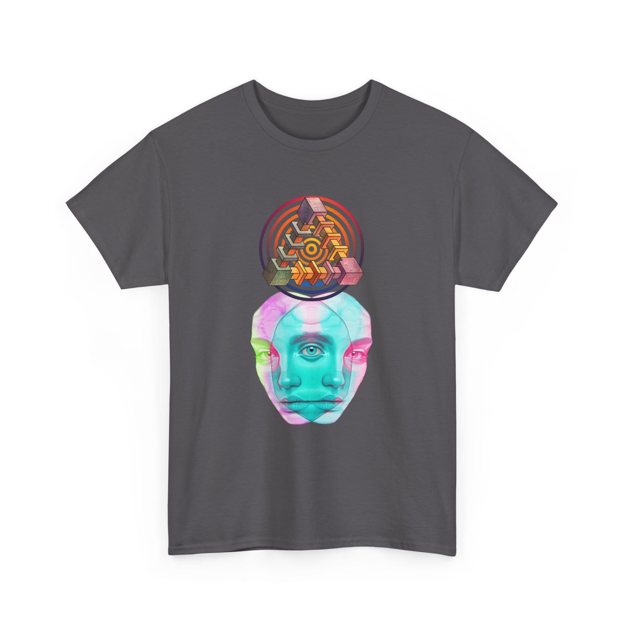 One-of-a-kind psychedelic t-shirt featuring a glitchy duality figure with sacred geometry and an All-Seeing Eye symbolizing monism and cosmic awareness.