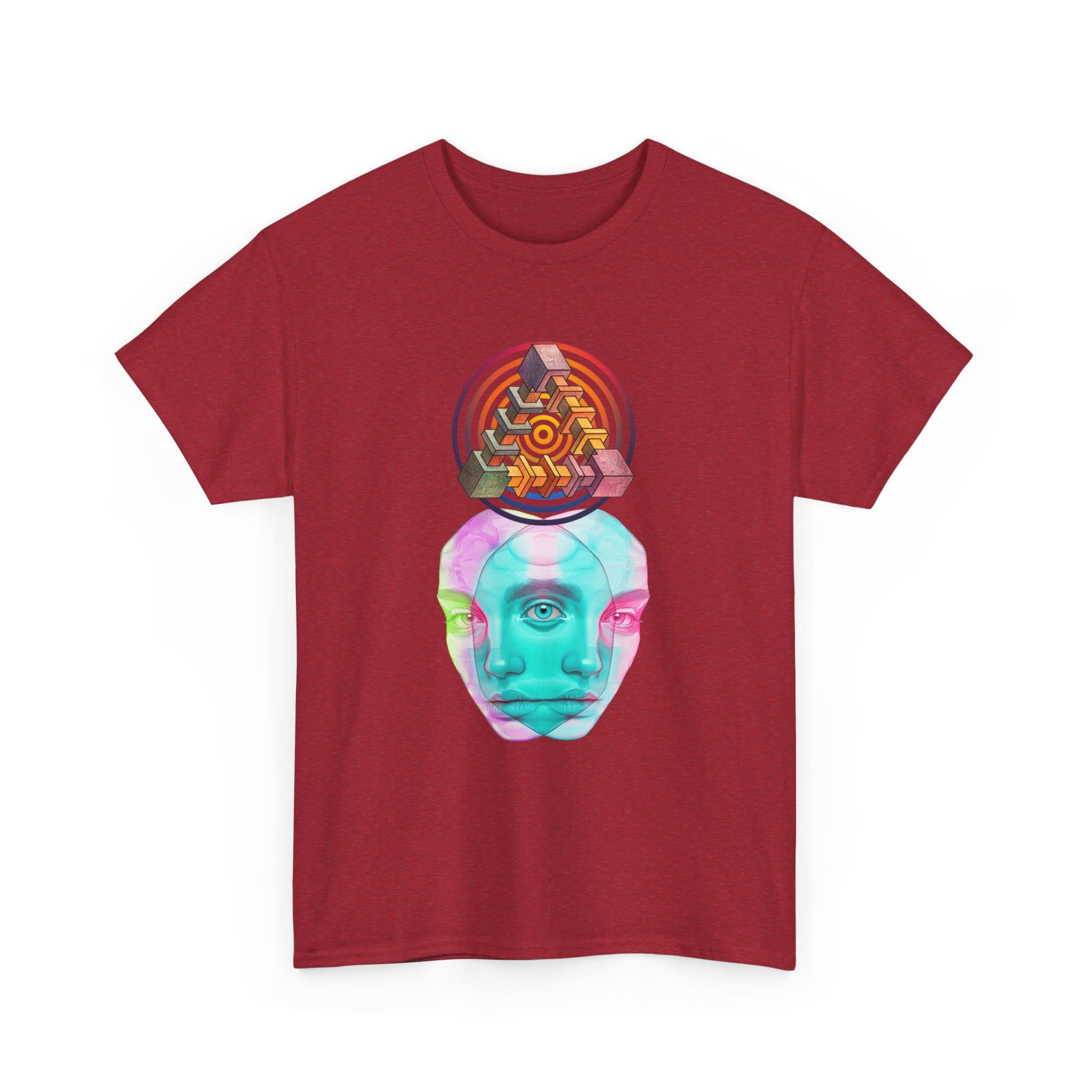One-of-a-kind psychedelic t-shirt featuring a glitchy duality figure with sacred geometry and an All-Seeing Eye symbolizing monism and cosmic awareness.