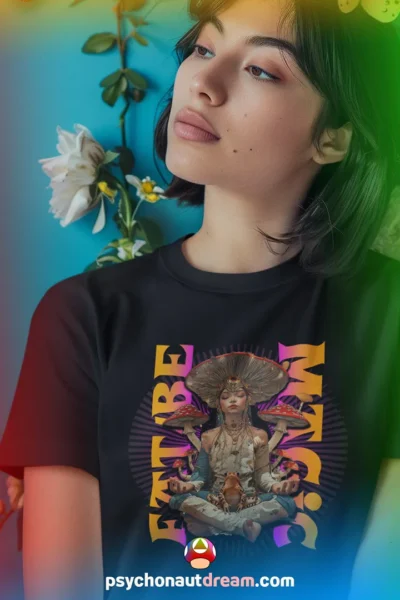 Custom-designed t-shirt featuring psychedelic mushrooms, sacred geometry, and the phrase "Eat / Be Magic."