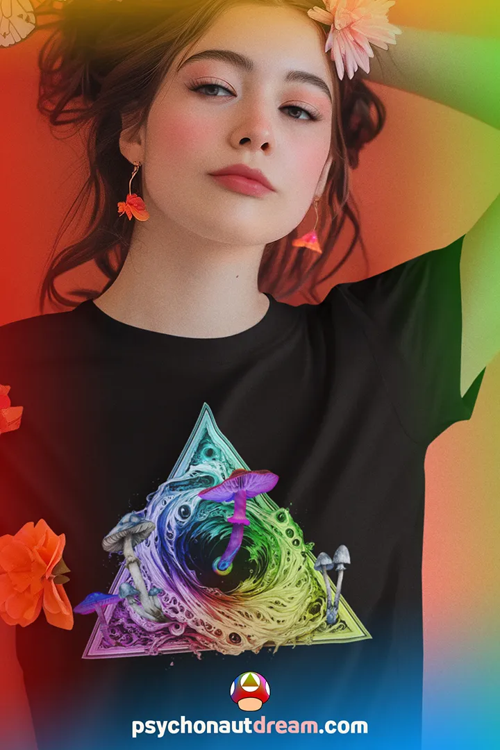 Bold psychedelic t-shirt featuring psilocybin mushrooms emerging from a black hole with a cosmic universe background and sacred geometry.