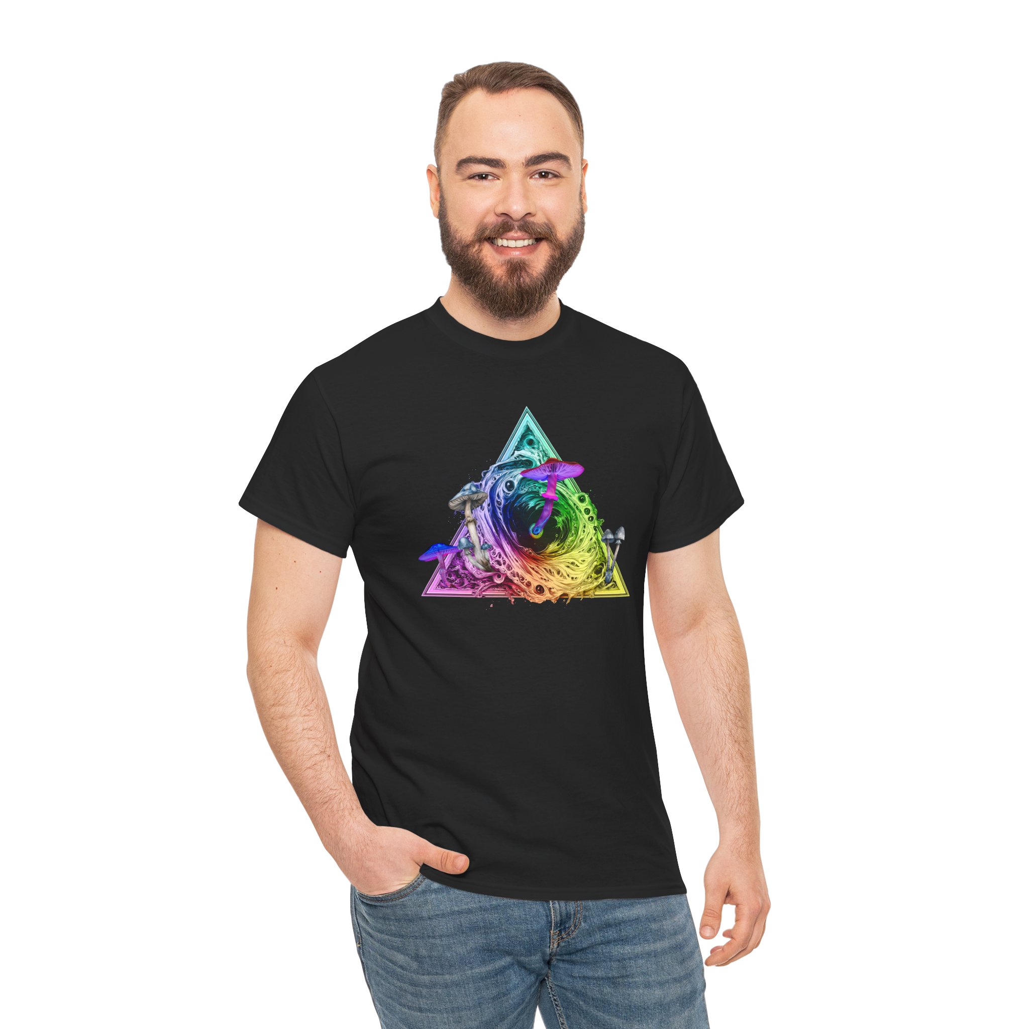 Bold psychedelic t-shirt featuring psilocybin mushrooms emerging from a black hole with a cosmic universe background and sacred geometry.