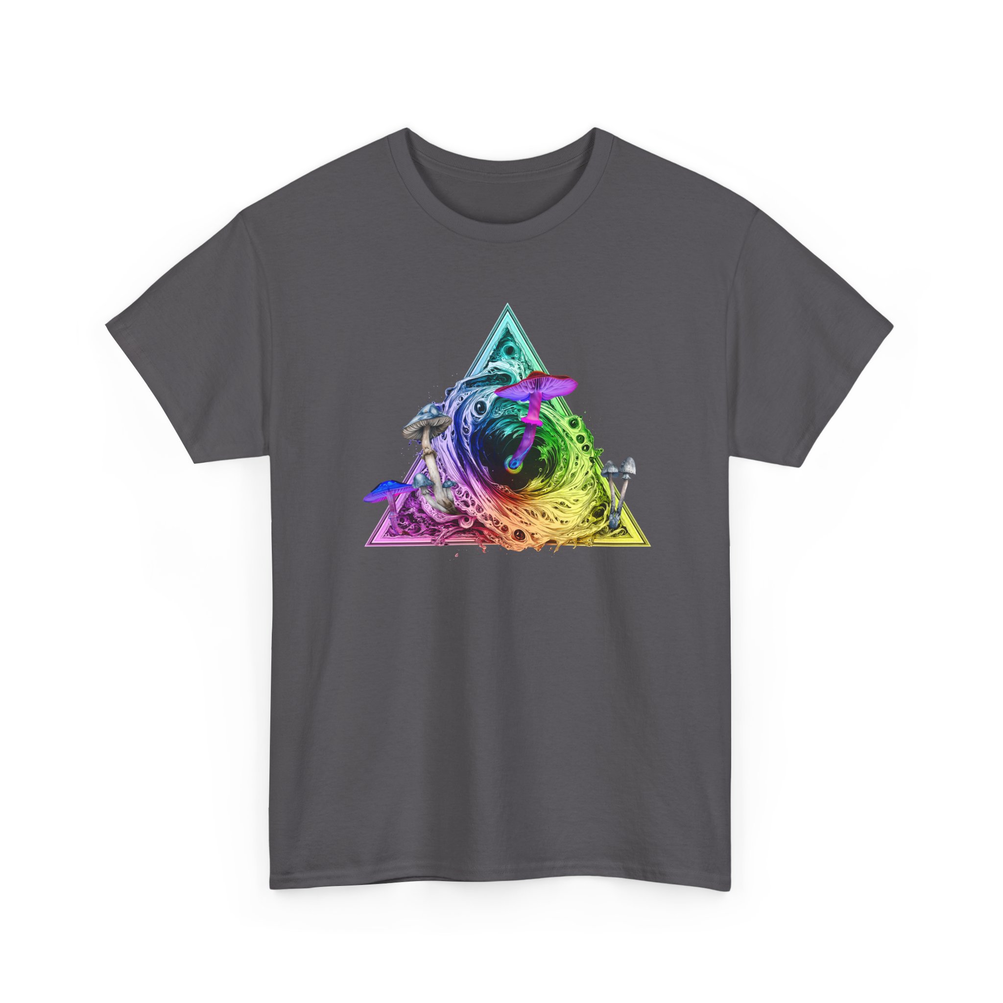Bold psychedelic t-shirt featuring psilocybin mushrooms emerging from a black hole with a cosmic universe background and sacred geometry.