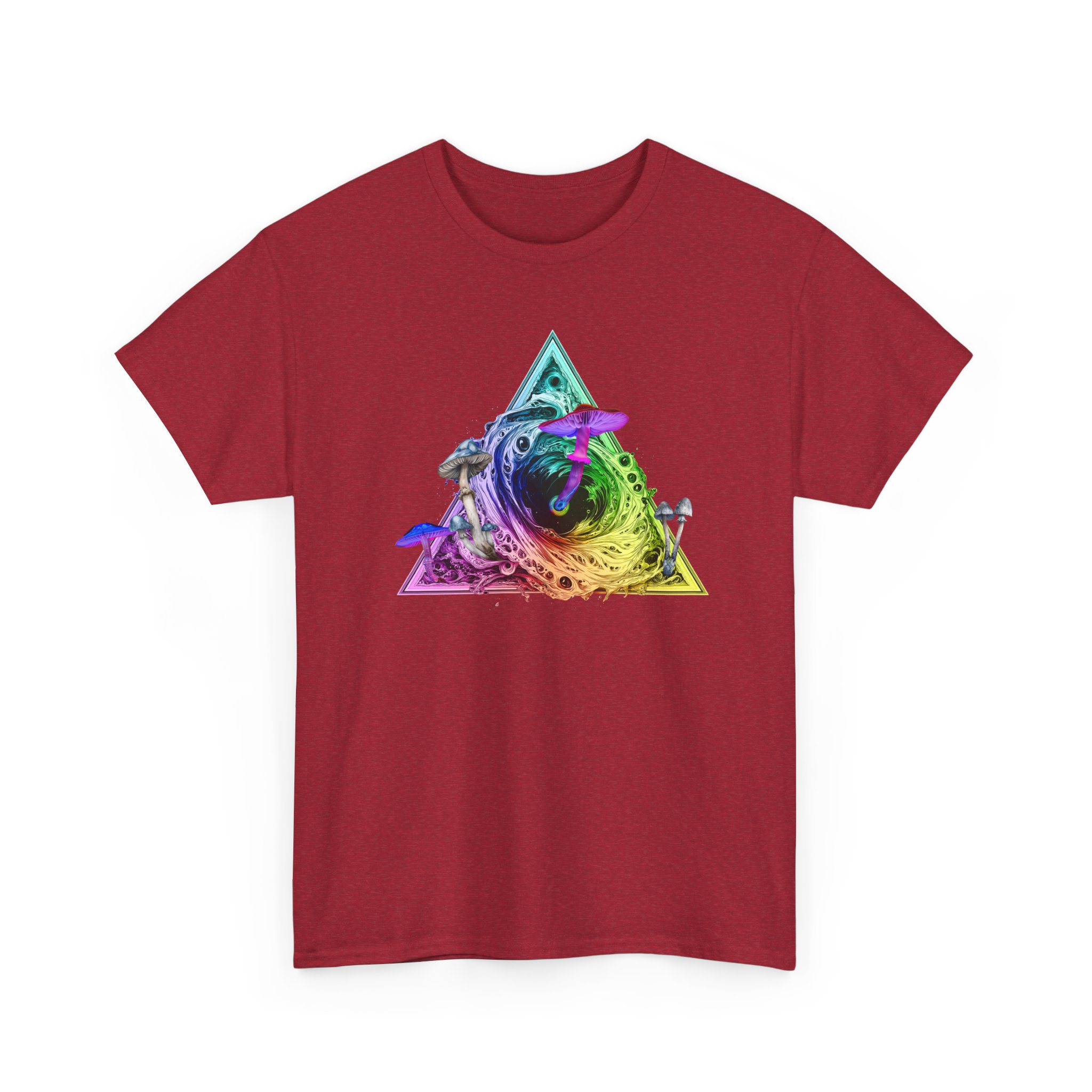 Bold psychedelic t-shirt featuring psilocybin mushrooms emerging from a black hole with a cosmic universe background and sacred geometry.