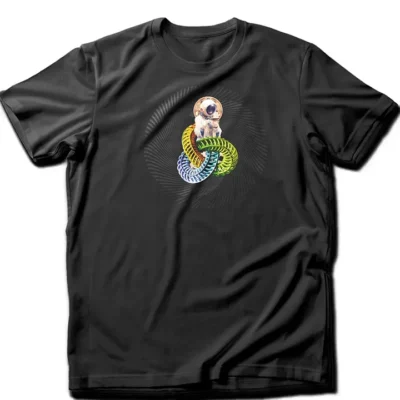 Custom-designed t-shirt featuring a psychonaut figure sprouting from sacred geometry with psychedelic fractals and radiant colors.