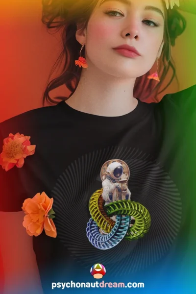 Custom-designed t-shirt featuring a psychonaut figure sprouting from sacred geometry with psychedelic fractals and radiant colors.