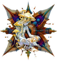 Custom-designed t-shirt featuring a psychonaut growing psychedelic mushrooms with a vibrant mandala and fractal patterns in the background.