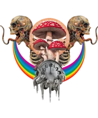 Custom-designed t-shirt featuring a psychonaut dissolving into psychedelic mushrooms with sacred geometry, fractals, and time distortion elements.