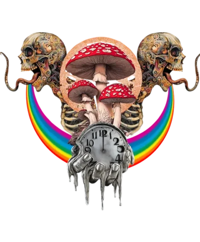 Custom-designed t-shirt featuring a psychonaut dissolving into psychedelic mushrooms with sacred geometry, fractals, and time distortion elements.