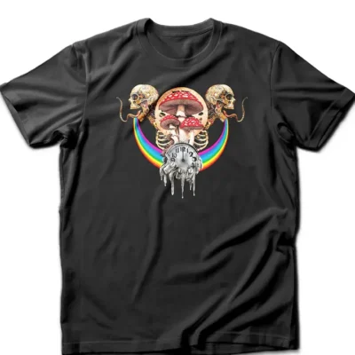 Custom-designed t-shirt featuring a psychonaut dissolving into psychedelic mushrooms with sacred geometry, fractals, and time distortion elements.