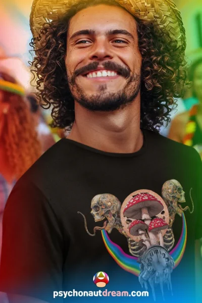 Custom-designed t-shirt featuring a psychonaut dissolving into psychedelic mushrooms with sacred geometry, fractals, and time distortion elements.