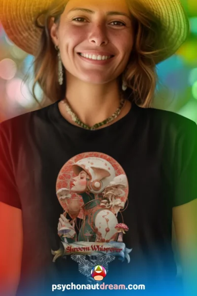 Custom-designed t-shirt featuring a figure communicating with psychedelic mushrooms, surrounded by sacred geometry and psychedelic shroomies