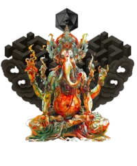Custom-designed t-shirt featuring Ganesh as a psychonaut surrounded by sacred geometry, fractals, and cosmic patterns.