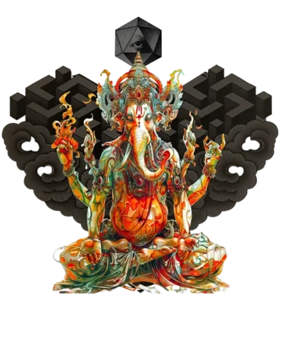 Custom-designed t-shirt featuring Ganesh as a psychonaut surrounded by sacred geometry, fractals, and cosmic patterns.