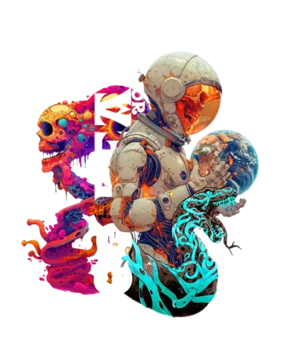 Custom-designed t-shirt featuring a psychonaut figure emerging from fractal dissolution with sacred geometry, mushrooms, and cosmic patterns.