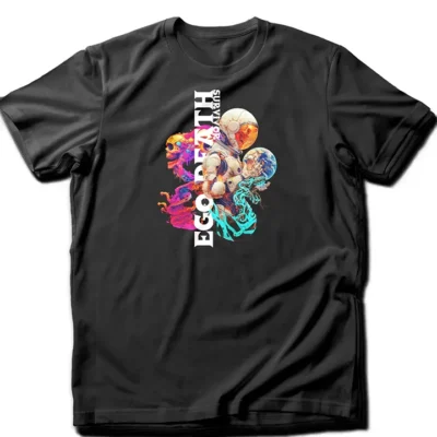 Custom-designed t-shirt featuring a psychonaut figure emerging from fractal dissolution with sacred geometry, mushrooms, and cosmic patterns.