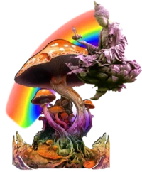 Custom-designed t-shirt featuring a levitating Buddha above psychedelic mushrooms, a rainbow, sacred geometry, and cosmic fractals.