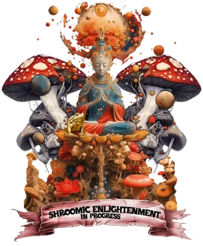 Custom-designed t-shirt featuring a meditating Buddha surrounded by psychedelic mushrooms with a scroll reading “Shroom Enlightenment in Progress.”