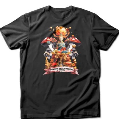 Custom-designed t-shirt featuring a meditating Buddha surrounded by psychedelic mushrooms with a scroll reading “Shroom Enlightenment in Progress.”