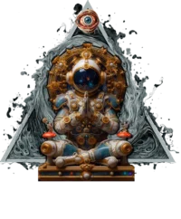 Custom-designed t-shirt featuring an astronaut floating with the Wheel of Time, All-Seeing Eye, and a triangle representing the universe.